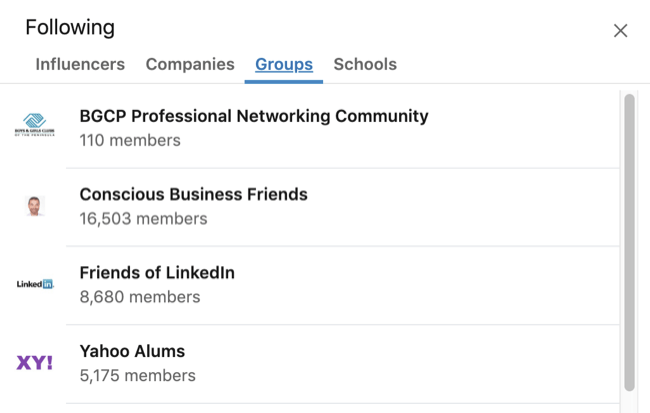 LinkedIn-profiilin laajennettu Kiinnostukset-ruutu, jossa Ryhmä-välilehti on valittu