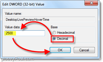säädä sanan ominaisuudet desimaaliksi ja arvotieto 2500: ksi Windows 7 DesktopLivePreviewHoverTime -sovelluksessa
