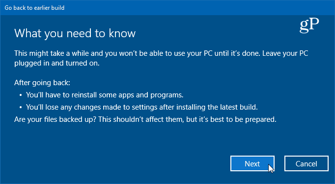 yksityiskohdat palautuksesta Windows 10: n edelliseen versioon