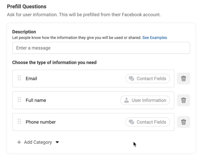 facebook-liidimainokset luovat uuden liidilomakkeen vaihtoehdon lisätä esitäytökysymyksiä esimerkkeillä, joita käytetään sähköpostilla, koko nimellä ja puhelinnumerolla
