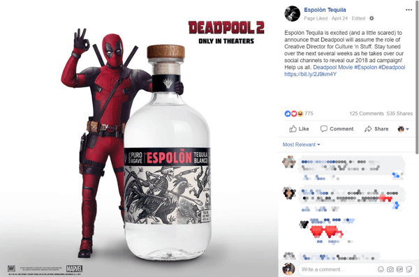 Deadpoolin haltuunoton alkuvaiheessa ihmiset puhuivat ja jakivat Espolòn-tuotemerkkiä.