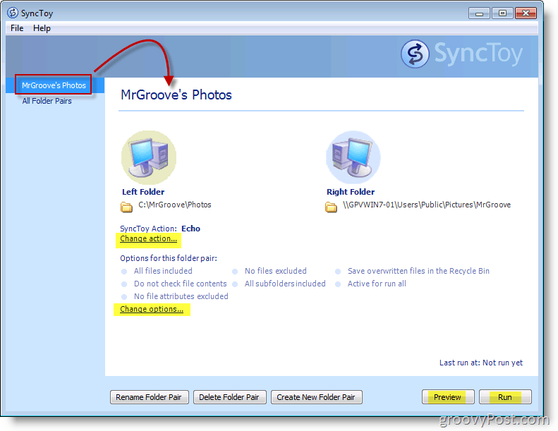 Microsoft SyncToy -päävalikon näyttökuva