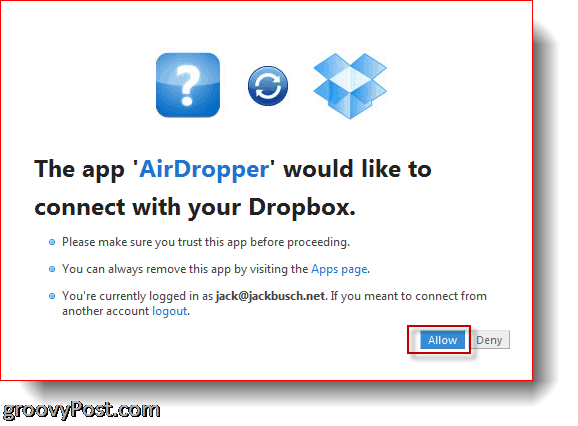 AirDropper Dropbox - yhdistä sovellus Dropboxiin