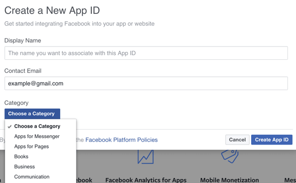 Täytä uuden Facebook-sovelluksesi tiedot.