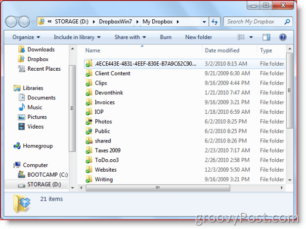 Dropbox-kansio Windows 7 View -sovelluksessa