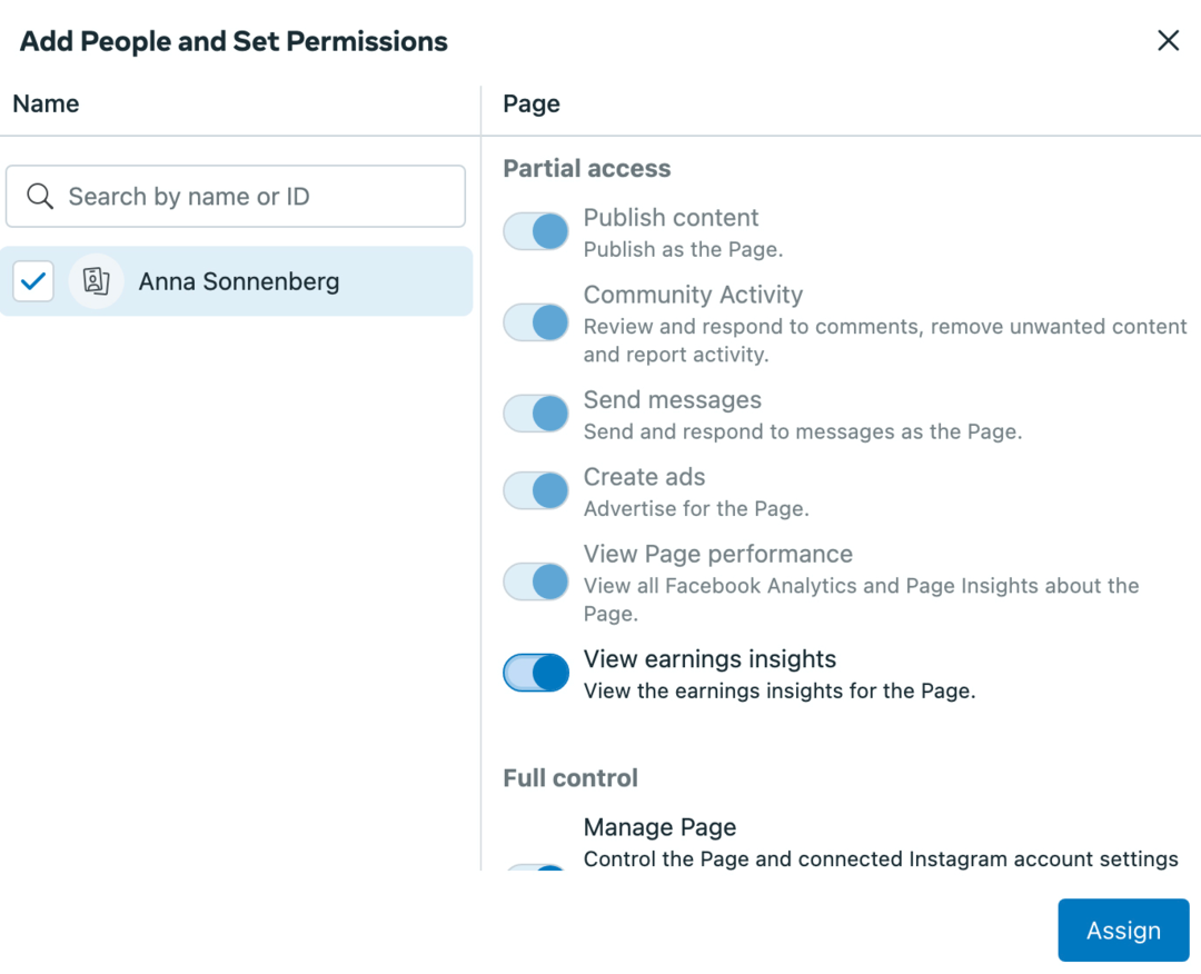 App People- ja Set Permissions -näytön kuva Meta Business Suitessa