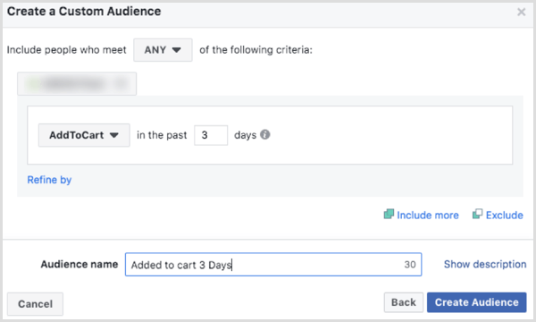 Valitse vaihtoehdot, joilla voit luoda mukautetun Facebook-yleisön AddToCart-tapahtuman perusteella