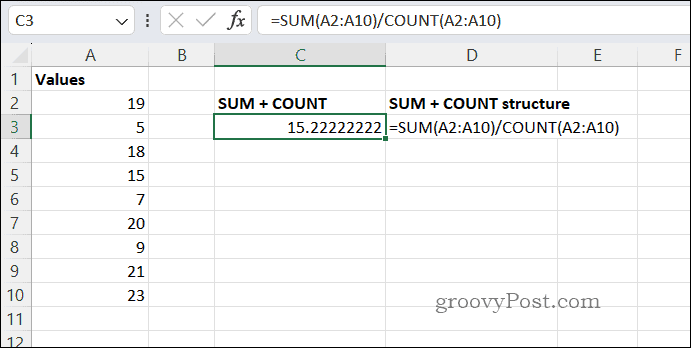 SUMCOUNT keskimääräinen tulos Excelissä