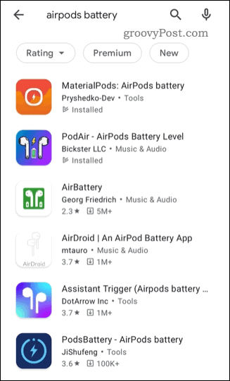 Luettelo kolmannen osapuolen AirPods-tilasovelluksista Google Play Kaupassa