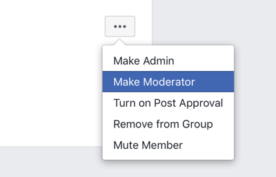 Kuinka parantaa Facebook-ryhmäyhteisösi, Facebook-ryhmävalikkovaihtoehto tehdä jäsenestä moderaattori 