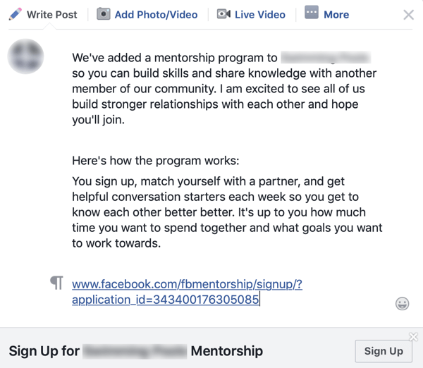 Kuinka parantaa Facebook-ryhmäyhteisösi, esimerkki ryhmäilmoituksesta Facebook-mentoriohjelmalle