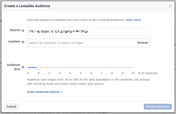 Aseta Facebook-näköinen yleisön koko. Voit hallita kokoa liukusäätimellä, joka tulee näkyviin, kun luot yleisöä.