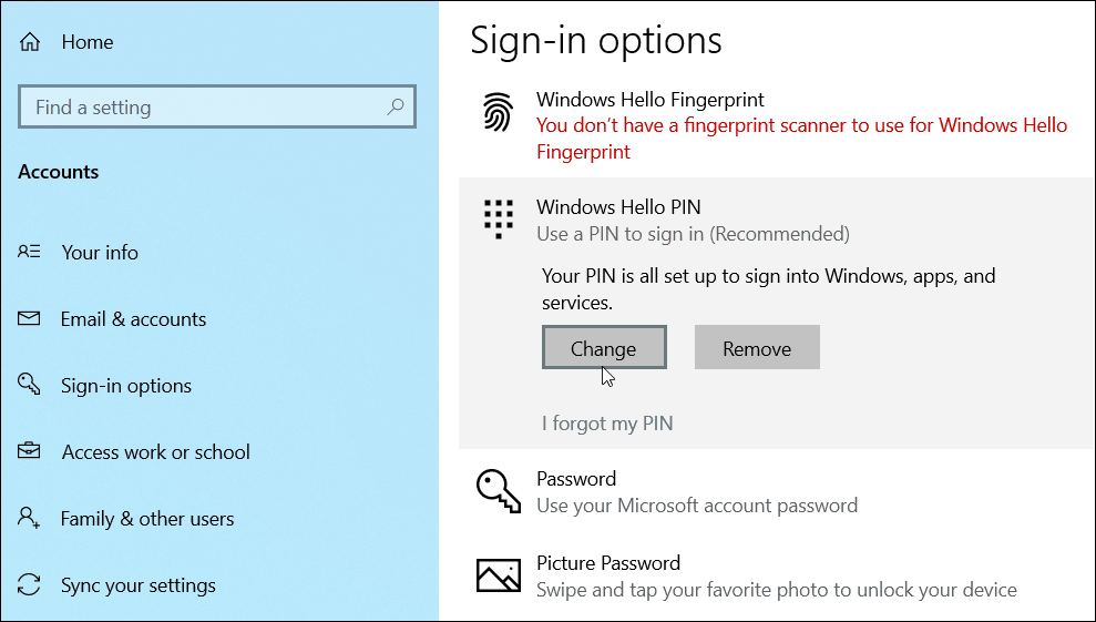 vaihda lisää PIN-koodi Windows 10