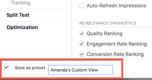Mukautetun raportinäkymän tallentaminen Facebook Ads Manageriin.