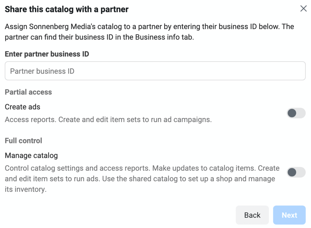 kuva käyttäjästä Jaa tämä katalogi kumppanin kanssa -näyttö Meta Business Managerissa