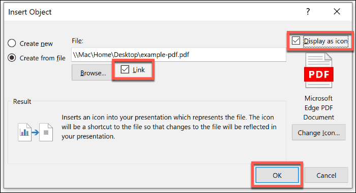 PDF-tiedoston lisääminen objektiksi PowerPointiin