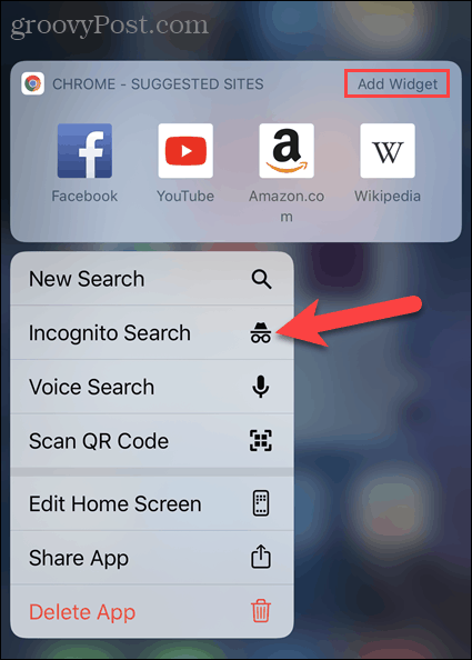 Napauta Uusi incognito-välilehti Chrome-sovelluskuvakkeesta iOS: ssä
