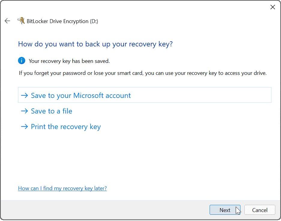 käytä bitlockeria siirtyäksesi Windows 11 -palautusavaimeen