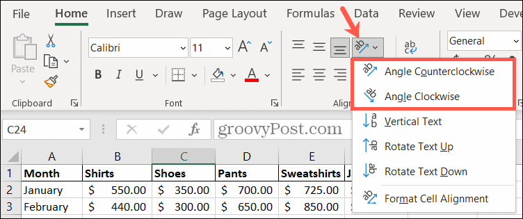 Valitse kiertokulma Excelissä kiertääksesi tekstiä