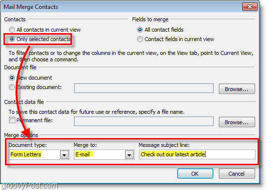 Outlook 2010 -kuvakaappaus - varmista, että vaihtoehdot ovat oikeat postin yhdistämisyhteyksissä