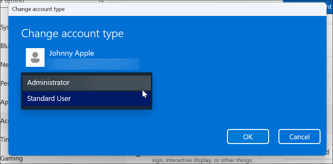 Muuta tilityyppiä Windows 11:ssä