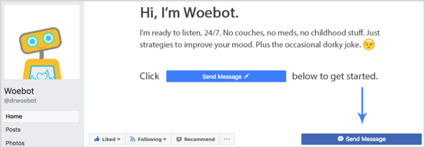 Lähetä viesti -painike Woebot Facebook -sivulla.