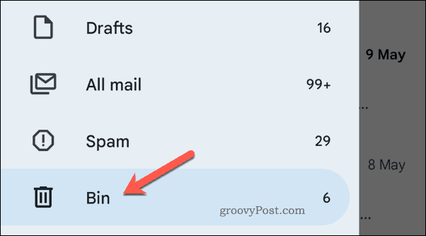 Roskakorin avaaminen Gmailissa mobiililaitteella