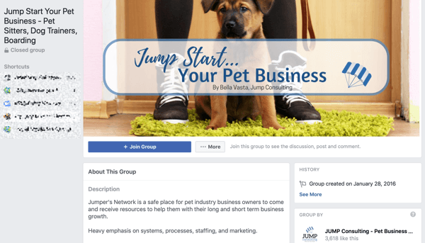 Kuinka käyttää Facebook-ryhmien ominaisuuksia, esimerkki ryhmästä Jump Start Your Pet Business -yritykselle