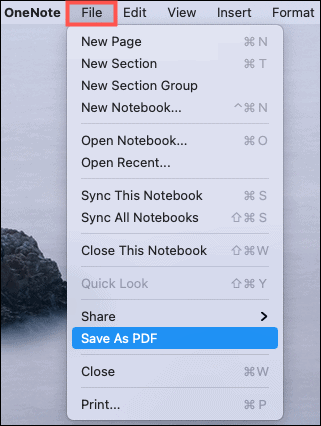 Tallenna PDF -muodossa OneNote Mac