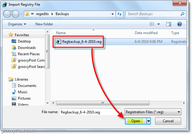 rekisterin palautusvalinta Windows 7: ssä ja Vista-sovelluksissa tuontia varten