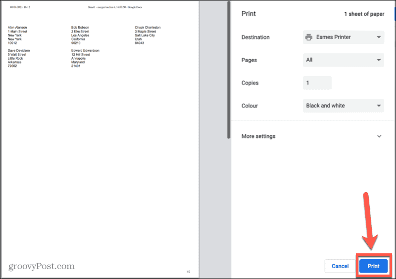 Google Sheets -tulostuspainike