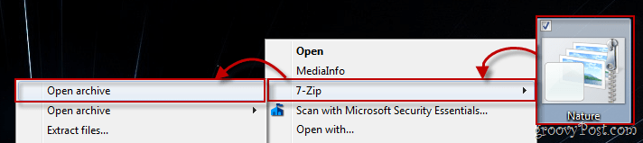 Windows 7-kontekstivalikko käyttämällä 7-zip-tiedostoa