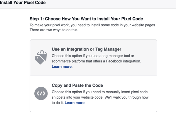 Valitse menetelmä, jota haluat käyttää Facebook-pikselin asentamiseen.