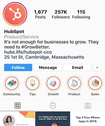 Instagram korostaa albumit HubSpot-profiilissa
