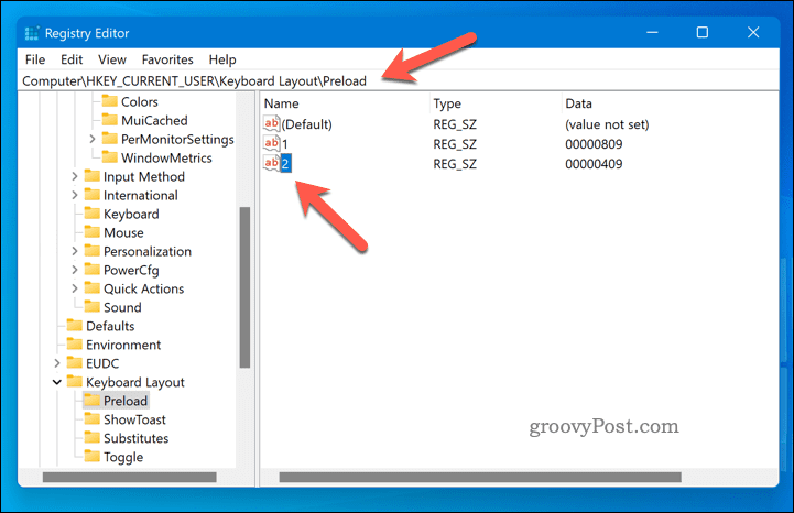 Poista näppäimistöasettelu käyttämällä regeditiä Windows 11:ssä