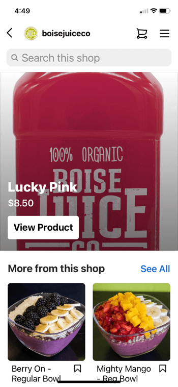 esimerkki instagram-tuoteostoksista @boisejuicecolta, jossa onnekas vaaleanpunainen hintaan 8,50 dollaria ja alle tästä kaupassa näkyy marjainen tavallinen kulho ja mahtava mango-tavallinen kulho sekä mahdollisuus etsiä kauppaa