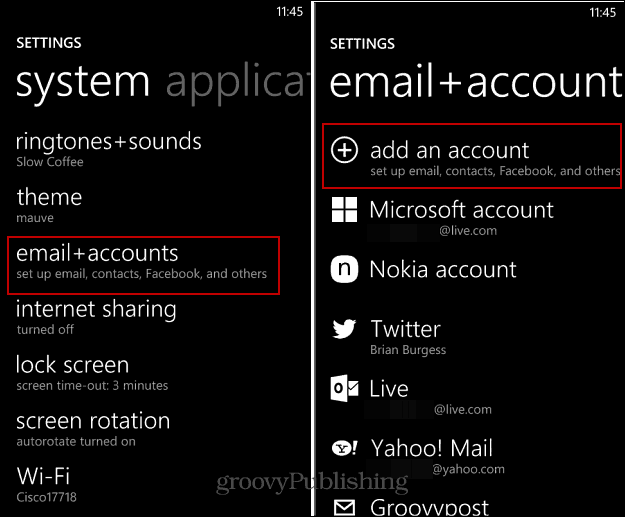 Sähköpostin ja sosiaalitilien määrittäminen Windows Phone -sovelluksessa