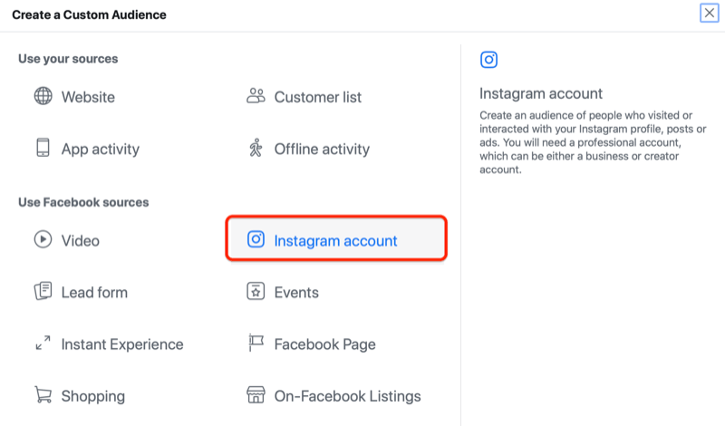facebook-mainoshallinta luo mukautetun yleisövalikon, jossa Instagram-tilivaihtoehto on korostettu