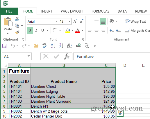Valitse Alue Excel -asiakirja