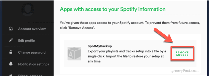 SpotMyBackup-käyttöoikeuden peruuttaminen Spotifylle
