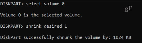 Diskpart shrink vol -komento