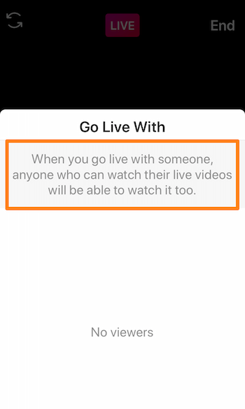 kuvakaappaus Instagram Live -viestistä, jossa näkyy viesti. Kun lähdet livenä jonkun kanssa, kuka tahansa, joka voi katsella heidän live-videoitaan, voi myös katsoa sen.