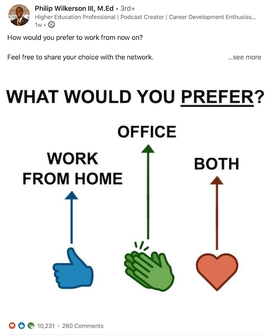 esimerkki linkedin-postista, jossa ihmisiä pyydetään vastaamaan reaktioilla äänestämään haluamansa työpaikan eteenpäin