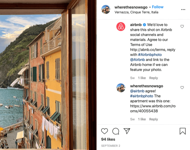 instagram kirjallinen repost-luvan esimerkki @wherethesnowsgo ja @airbnb välillä airbnb: n kanssa pyytääkseen jakamaan kuva ja tiedot siitä, miten hyväksyntä annetaan, sekä @wherethesnowsgo vastaus, jolla valtuutetaan kuva