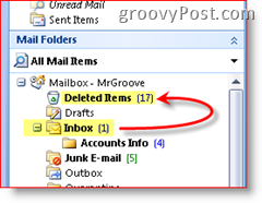 Outlook 2007 -näyttökuva, jossa selitetään, että poistetut kohteet siirretään poistetut kohteet -kansioon