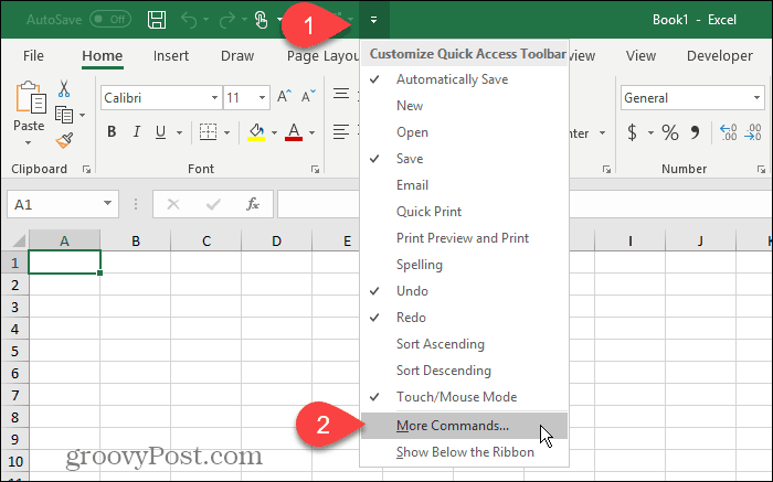 Valitse Lisää komentoja Excelin pikakäyttötyökaluriviltä