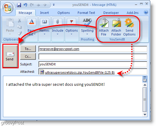 YouSendIt-painikkeet Outlook 2007 -nauhassa