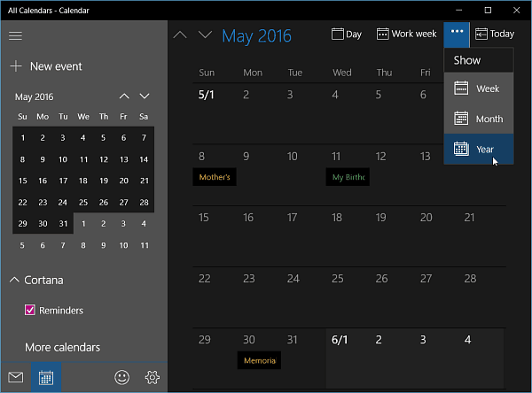 Kalenterisovellus Windows 10 Insider Build 11099 -sovellukselle saa vuoden näkymän