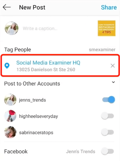 instagram uusi viesti -vaihtoehto, joka näyttää merkinnöille valitun sijainnin