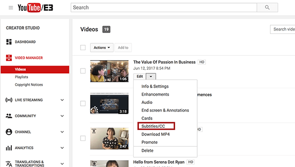 Kun olet YouTube Video Managerissa, valitse Tekstitys-vaihtoehto avattavasta Muokkaa-valikosta sen videon vieressä, jonka haluat tekstittää.